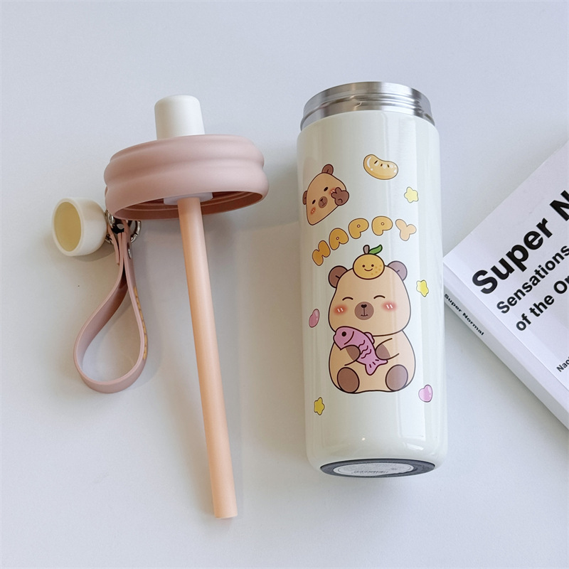 Cartoon cute pet straw cup with dust cover, portable insulated water cup, cute female student, high appearance level, portable insulated cup Specification drawing