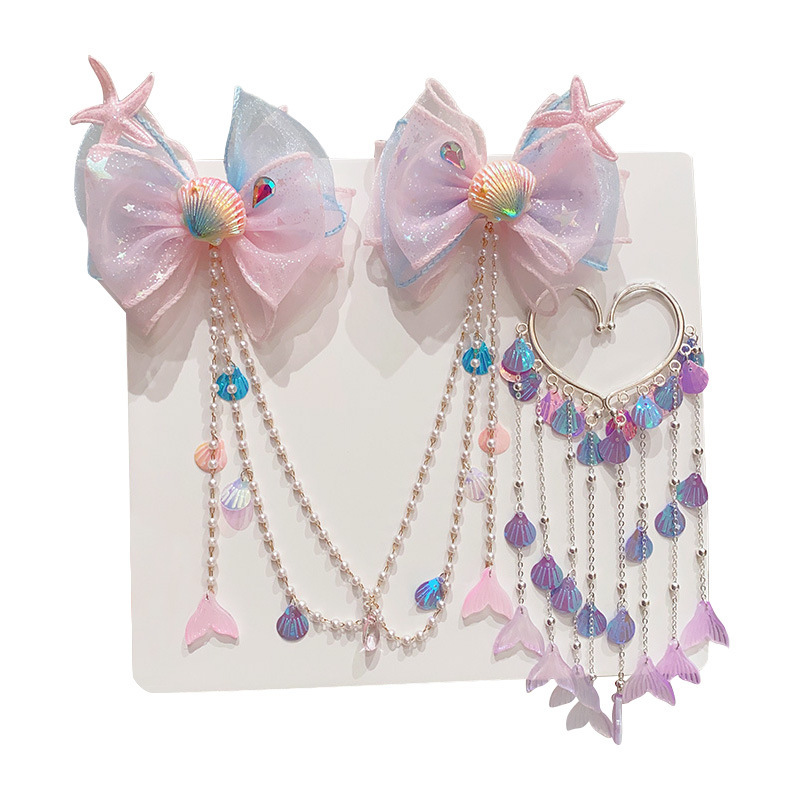 Children's mermaid pearl forehead chain, princess hairpin, high-end tassel bow hair accessory, butterfly shell ear pendant Item Picture