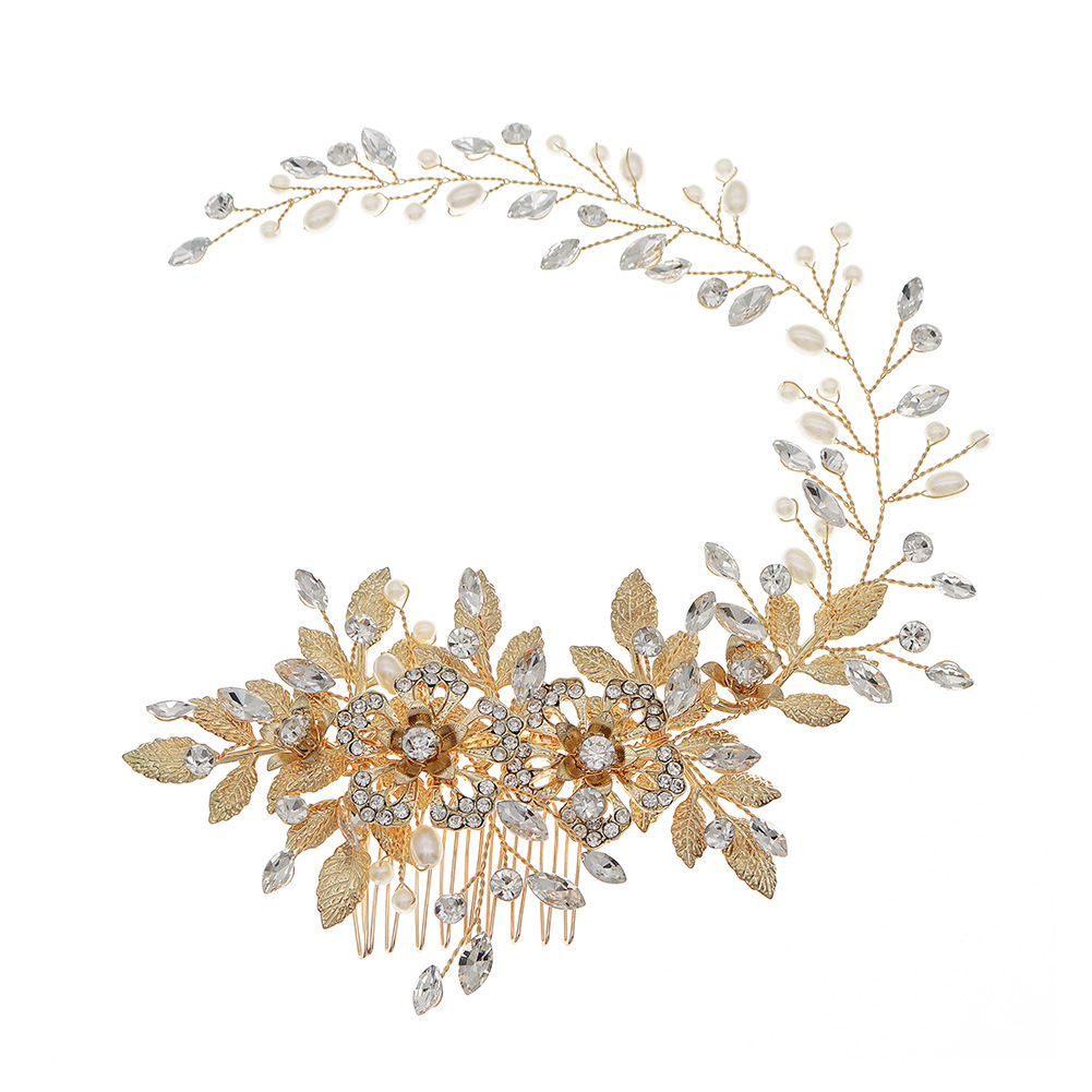 European and American accessories, hollowed-out flower pearl hair comb, retro gold long handcrafted hair band, Xiuhe evening dress, updo hair comb full figure