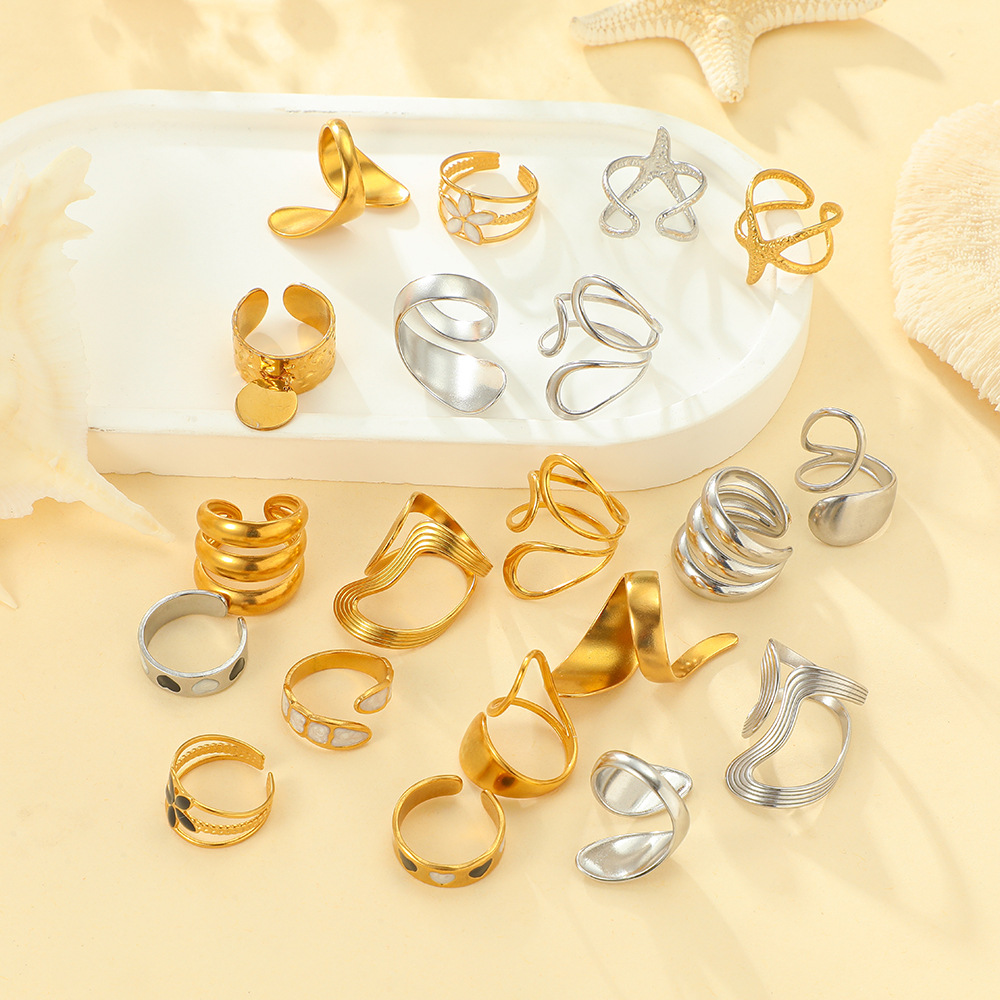 Cross-border jewelry, personalized and creative geometric stainless steel ring, women's funny and exaggerated line open oil drip ring set full figure