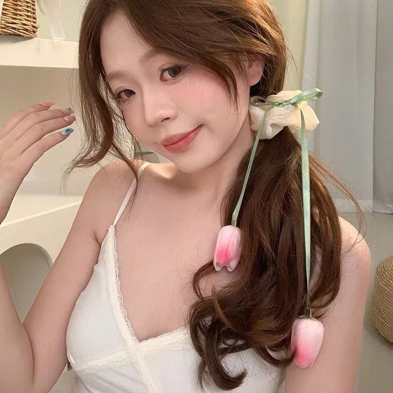 Korean-style tulip flower large intestine hair band, gentle and sweet, with a unique design sense. Bun hairstyle, hair tie, hair accessory for women Specification drawing