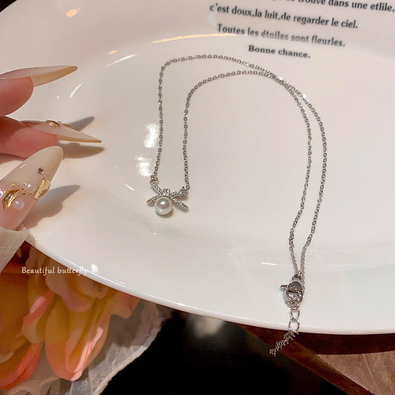 Exquisite micro-inlay bow necklace, pearl pendant, versatile for women, high-end and light luxury neckchain, popular collarbone chain accessory Specification drawing