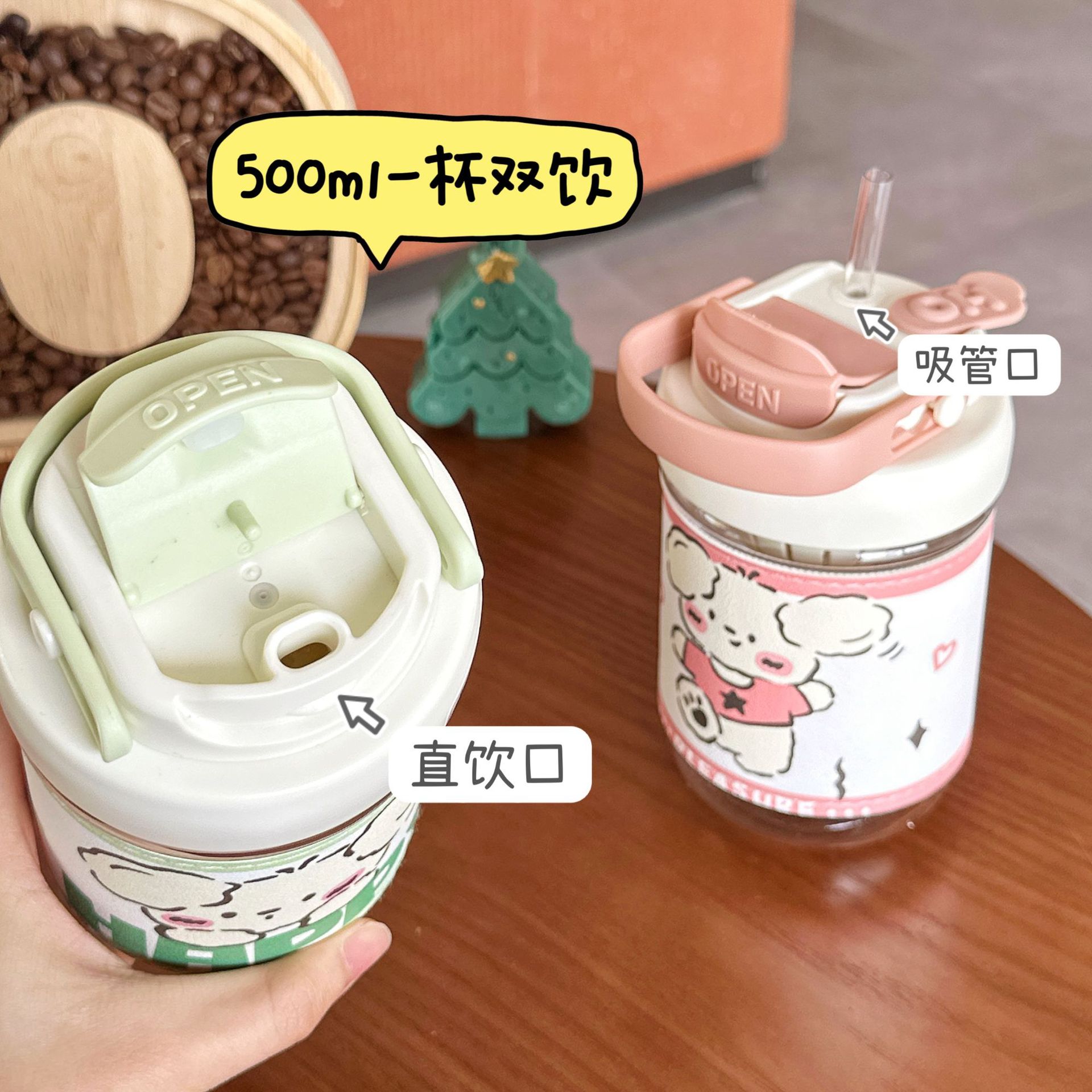 Cute cartoon water cup, high appearance level for girls, double-drinking straw cup, heat-resistant portable coffee case, plastic cup for students Application Scenario