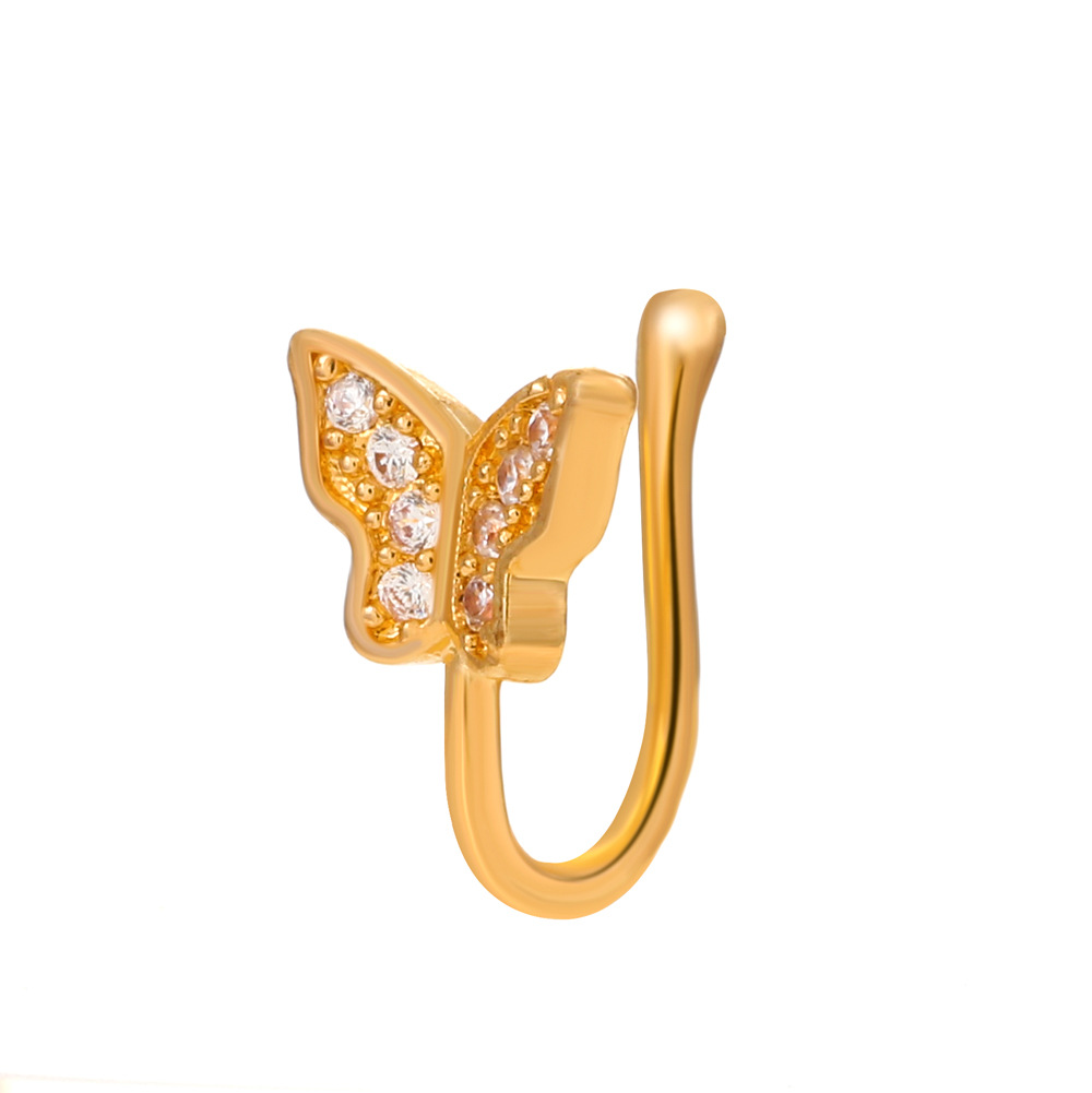 Cross-border European and American butterfly non-perforated nose clip, fashionable and individual copper-inlaid zircon U-shaped fake nose ring, nose decoration puncture accessory Item Picture