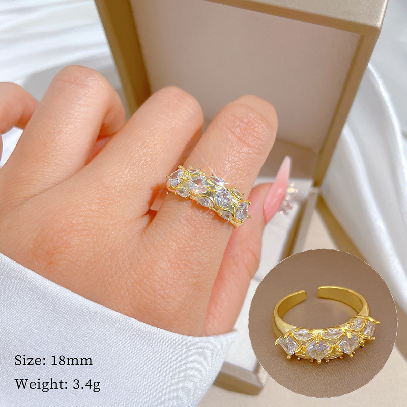 【 Real Gold 】 Square full zirconium wedding ring, adjustable ring opening, simple jewelry, Japanese-style ring couple rings full figure