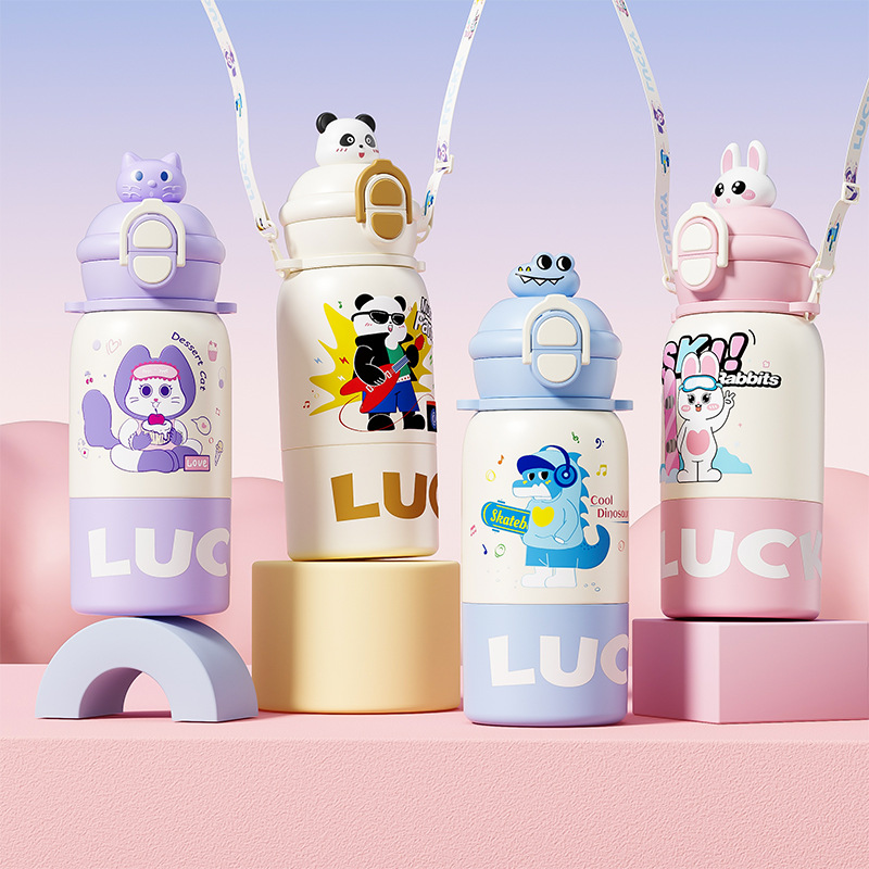 High-appearation-level cartoon children's insulated cup, school cold preservation cup, straw cup, large-capacity one-lid double-drinking stainless steel cup full figure