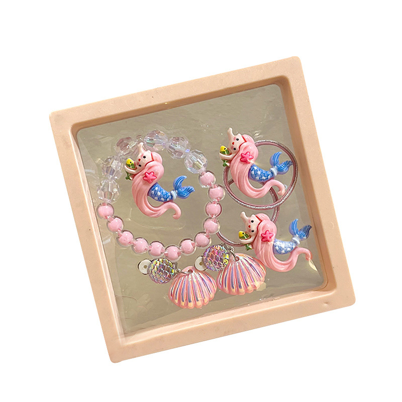 New popular mermaid children's bracelet, cute shell painless ear clips, mermaid princess hair tie set gift box Item Picture