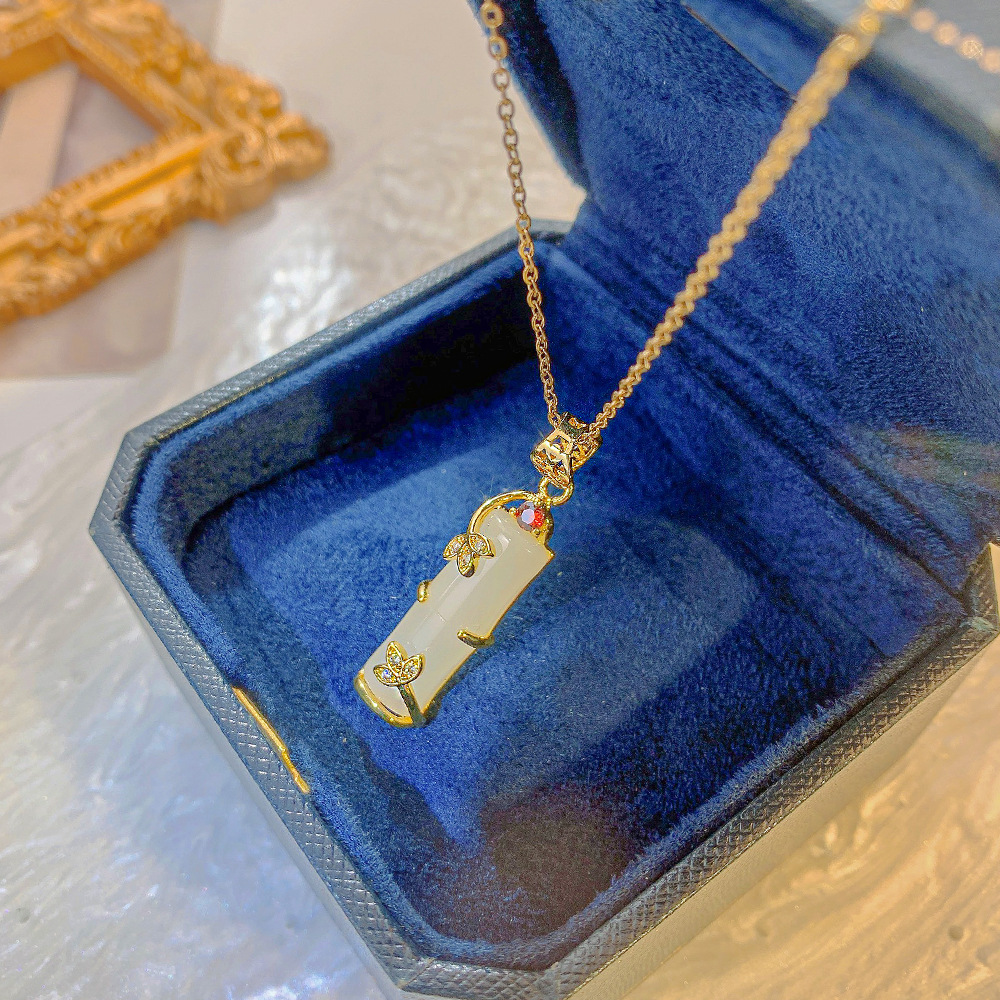 White jade imitation 18k gold-plated simple bamboo joint pendant titanium steel necklace, women's Instagram personality continuous promotion blessing necklace Specification drawing