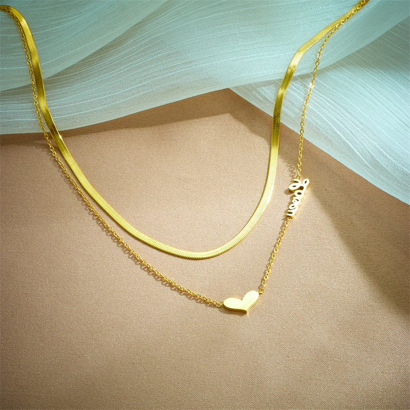 Korean-style fashionable and niche design double-layer overlapping snake bone chain heart-shaped letter pendant chain titanium steel jewelry necklace Specification drawing