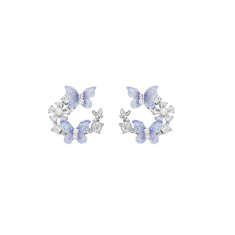 Super fairy blue diamond-encrusted butterfly earrings, cold style, niche design sense, elegant stud earrings, fashionable and versatile earrings wholesale Item Picture