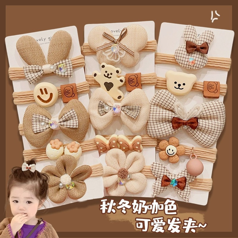 Milk coffee-colored bow children's hair band for autumn and winter, new high-elasticity, seamless hair band for girls, baby hair tie details Picture