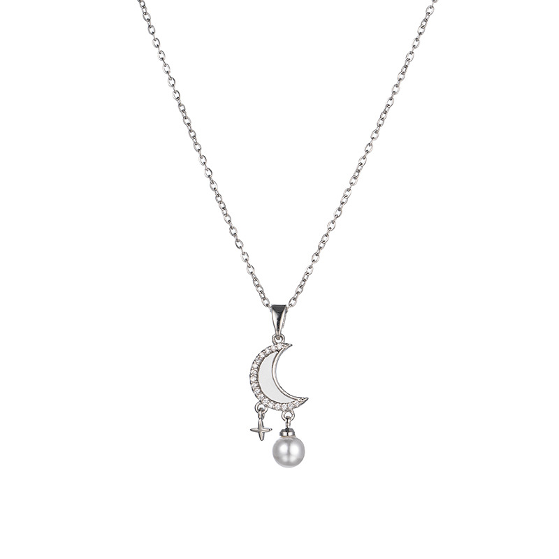 Silver niche design sense moon and star hanging pearl pendant titanium steel necklace, simple and elegant, light luxury collarbone chain for women Item Picture