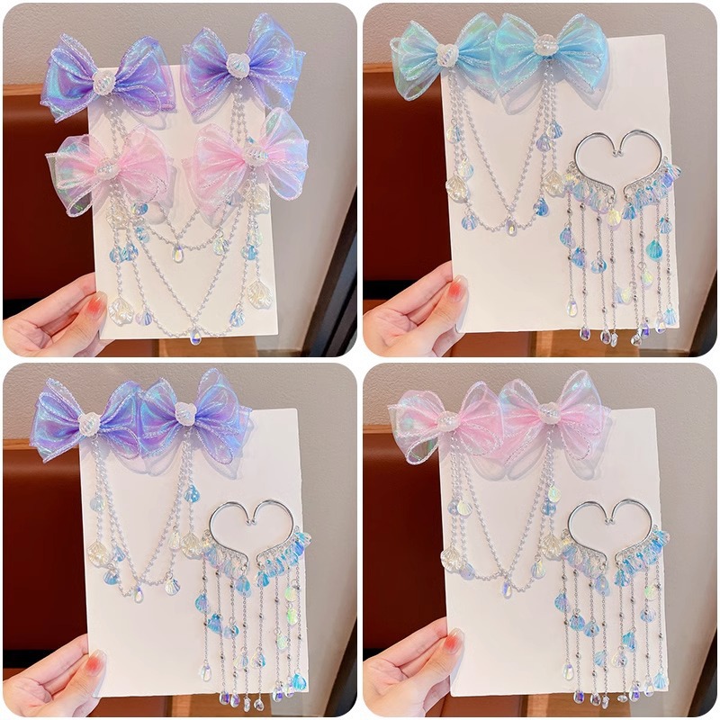 Tassel pearl handcrafted hair clips, children's bow, fairy-like princess hair clips, new girls' ear pendant hair accessories for women details Picture