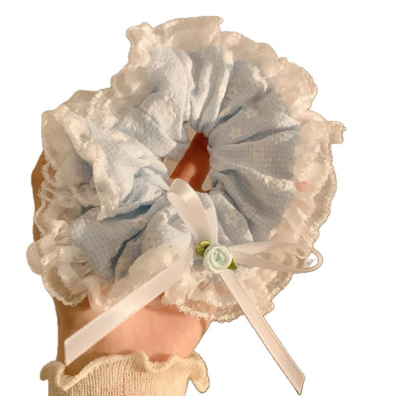 Sea Salt Girl ~ Blue bow lace large intestine hair band, a high-end Korean-style sweet flower hair tie accessory Item Picture