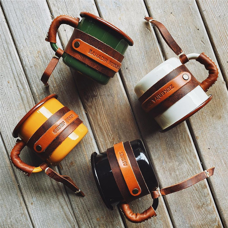 350ml enamel cup in stock, thickened enamel coffee cup for export, 8cm ins retro enamel cup with leather case Application Scenario