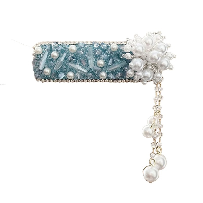 Cool blue diamond hair clips, exquisite and light luxury pearl tassel BB clips, high-end forehead bangs clips, headwear for women Item Picture