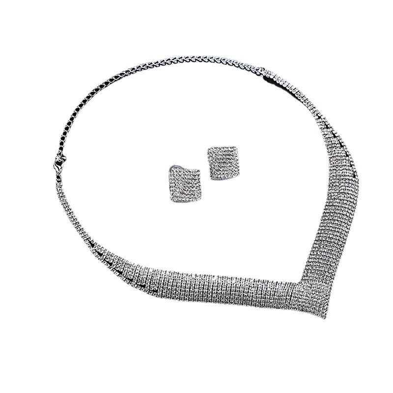 The elegant and shiny V-neck square earrings, earrings and necklace set N5424, a cross-border bestseller of bride accessories from Europe and America Item Picture