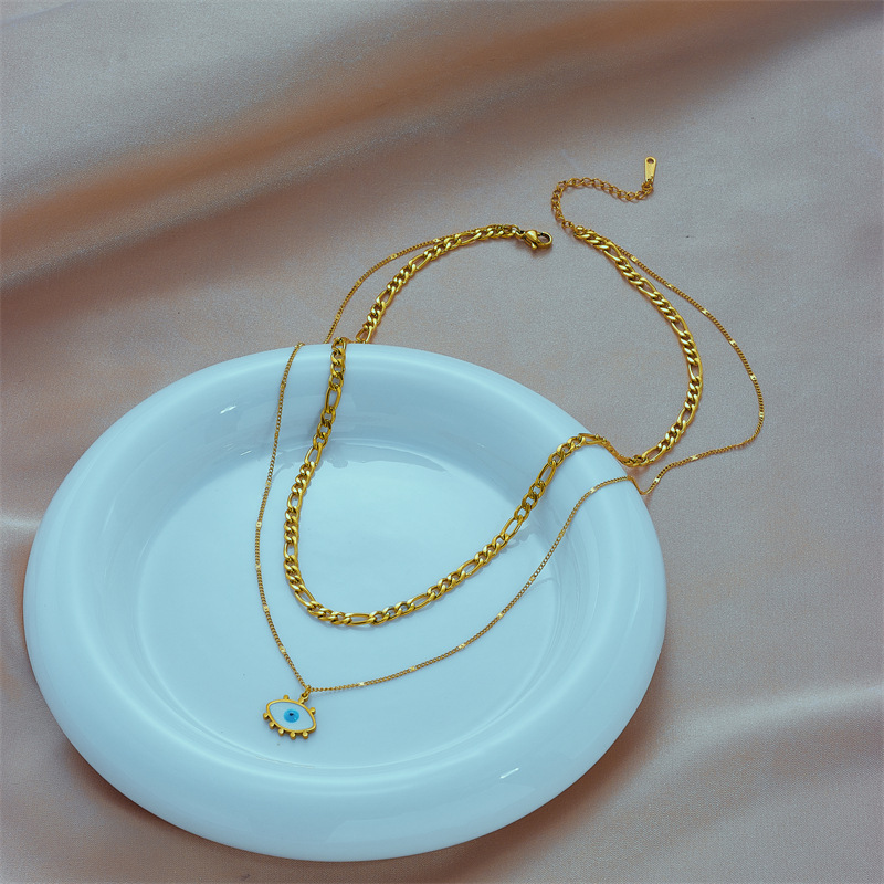 European and American cross-border fashion personality punk retro hip-hop double-layer thick and thin chain blue and white eye pendant titanium steel necklace Specification drawing