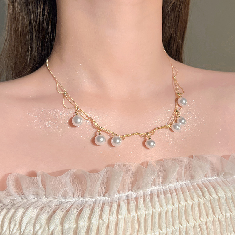 Light luxury lace pearl necklace for women, Japanese and Korean style, high-end feel, niche design, court style pearl collarbone chain Specification drawing