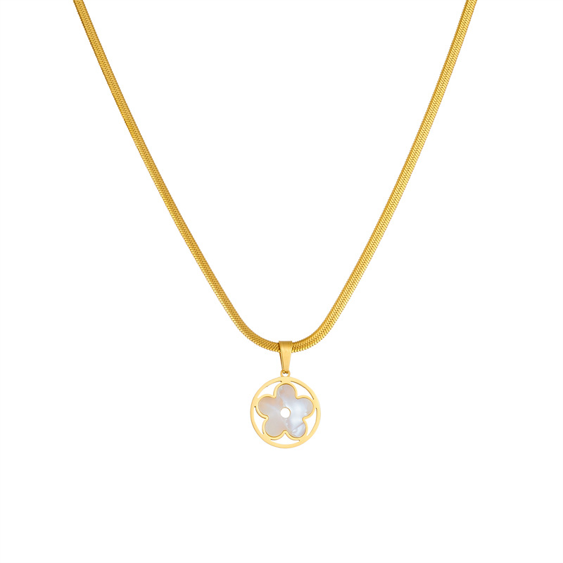 Korean version simple, fashionable and niche round brand white flower pendant gold-plated snake bone chain necklace Item Picture