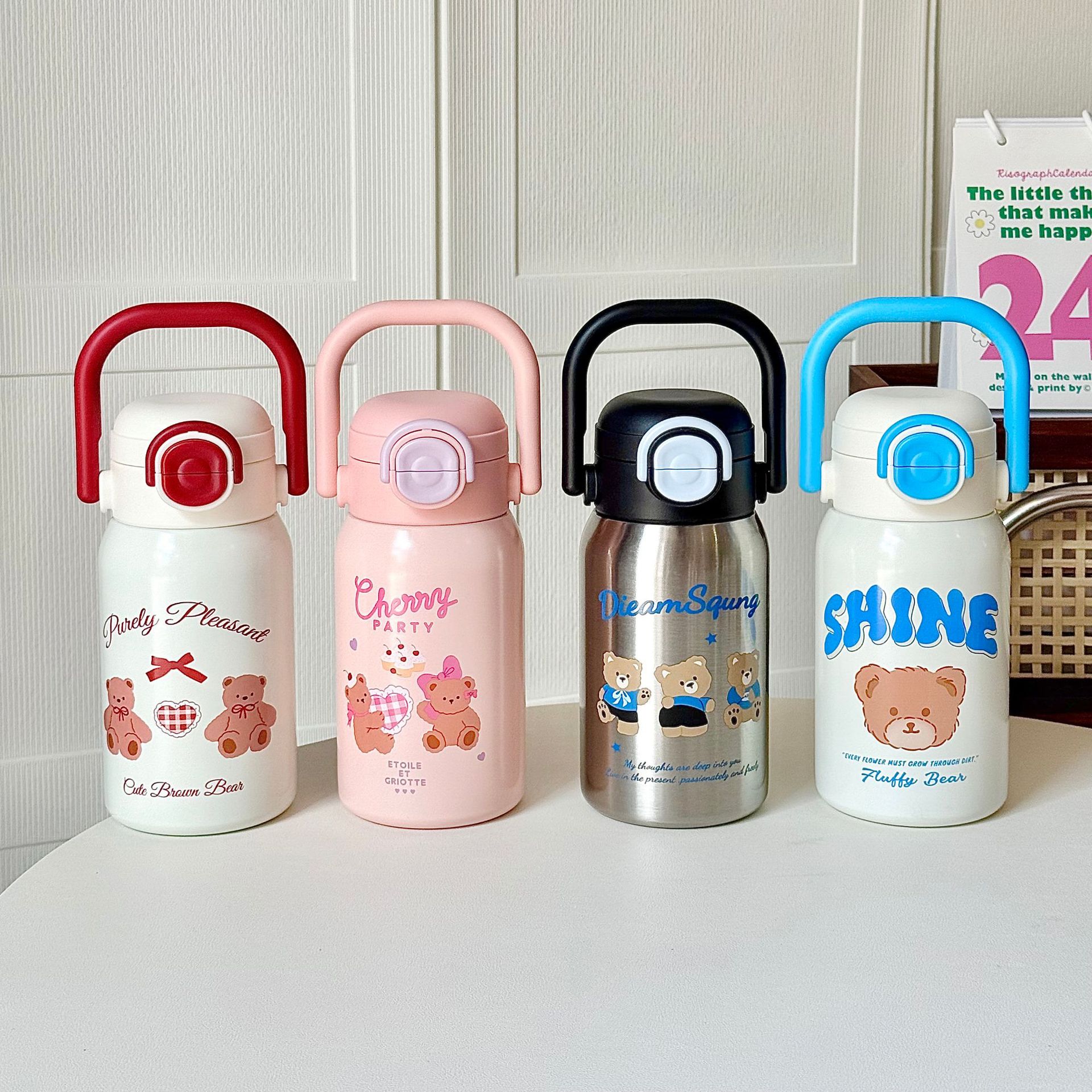 Cartoon bear insulated cups join hands to enhance the appearance level. Double-drinking straw cups, stainless steel vacuum student cups wholesale details Picture