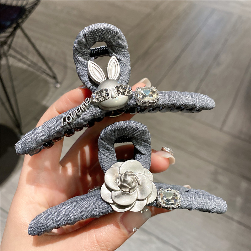 French-style fabric grey large bow clip, back of the head hair clip, cute rabbit flower princess shark clip details Picture