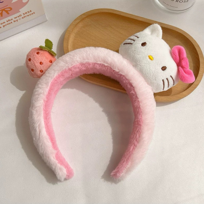 Cute strawberry kitty~ Plush hairband, high appearance level, girlish heart KT cat headband, face wash makeup hairpin, hair accessory details Picture