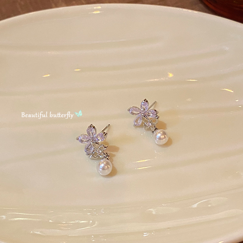 Super ethereal and sweet sparkling diamond flower pearl earrings, cold style, fashionable, niche and versatile butterfly earrings, high-end earrings Specification drawing