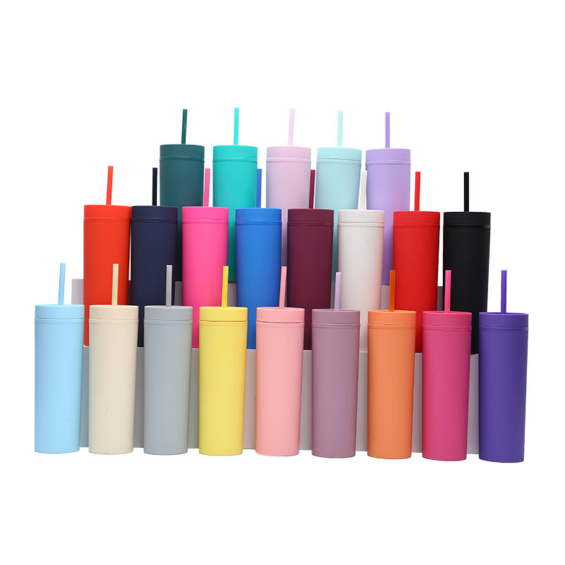 2025 New cross-border factory direct supply frosted double-layer plastic cup, simple and convenient water cup, 16OZ straight straw cup Specification drawing