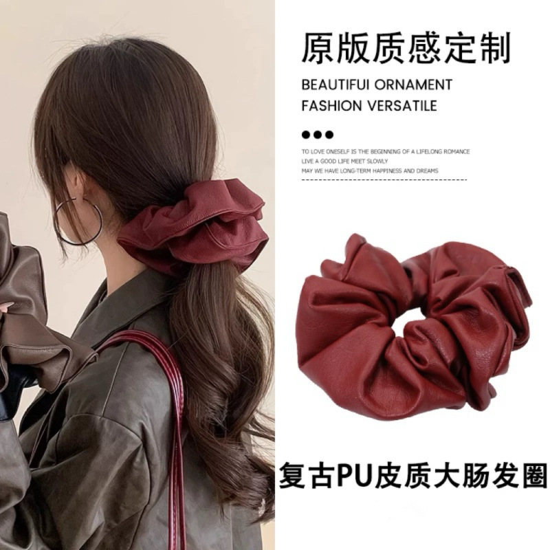 Ankela Red Leather Oversized Large Intestine Hair Band for Women's 2024 new autumn and winter collection, high-end and elegant with a large intestine hair band accessory details Picture