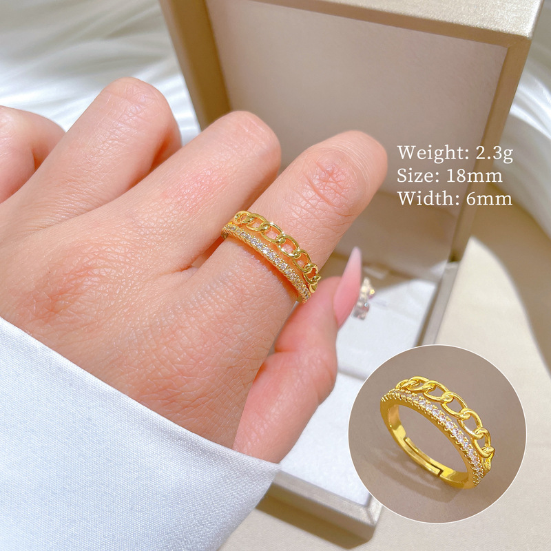 【 Real gold electroplating 】 Open chain, women's fashion, slightly inlaid, light luxury ring, index finger ring, the same style as Internet celebrities, cold style full figure