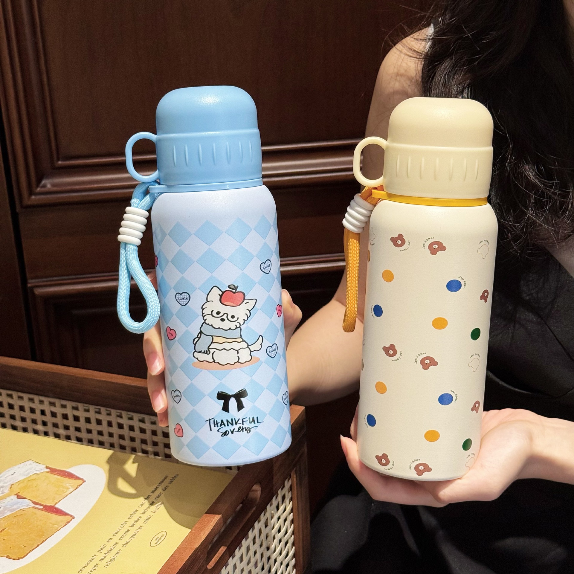 New cup three-drink insulated cup, cute cartoon girls' water cup, portable for students to school, side pocket stainless steel cup Specification drawing
