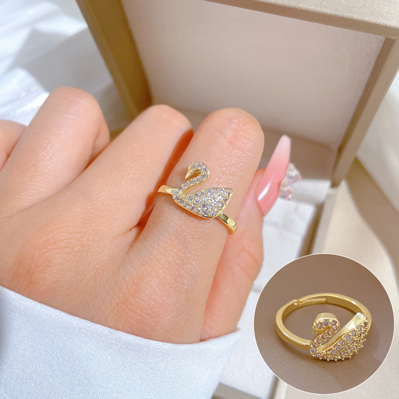 【 Real Gold 】 Full diamond swan wedding ring with adjustable opening, simple jewelry, Japanese-style ring couple rings full figure