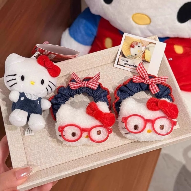 Cute old-fashioned glasses, KT cat Miffy denim hair band, simple and elegant girl style, ponytail, high elastic hair band, leather band girl full figure