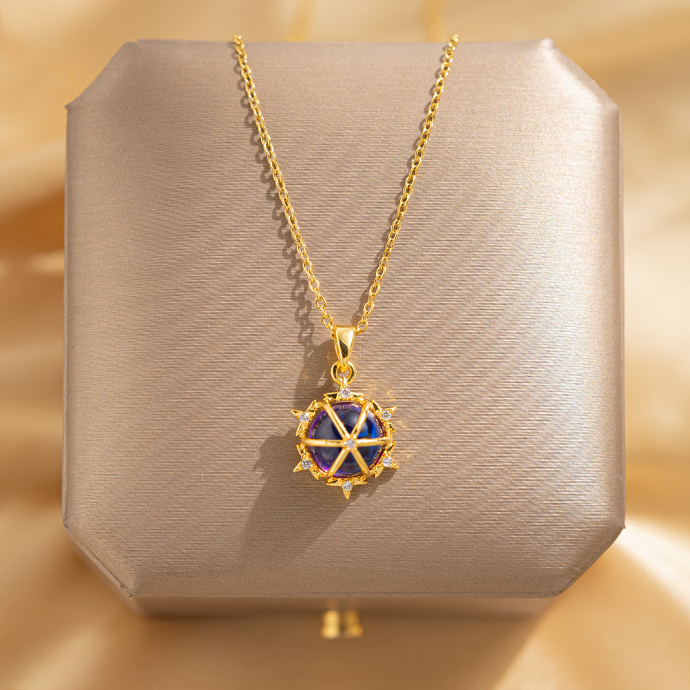 Blue gemstone rudder pendant titanium steel necklace with a niche design sense from Japan and South Korea, a trendy and individualistic female Instagram collarbone chain full figure