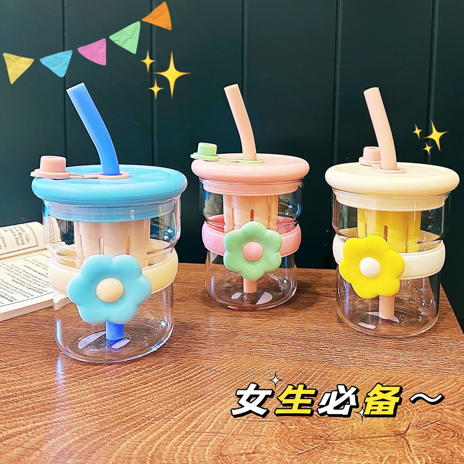New flower-shaped tea brewing glass cup, women's tea-water separation straw cup, office desktop high-temperature resistant water cup gift details Picture