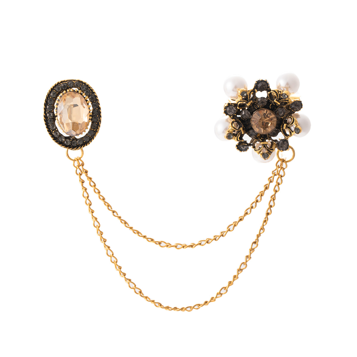 European and American retro flower pearl boutonniere, high-end chain tassel snowflake brooch, geometric diamond-encrusted suit accessory Item Picture
