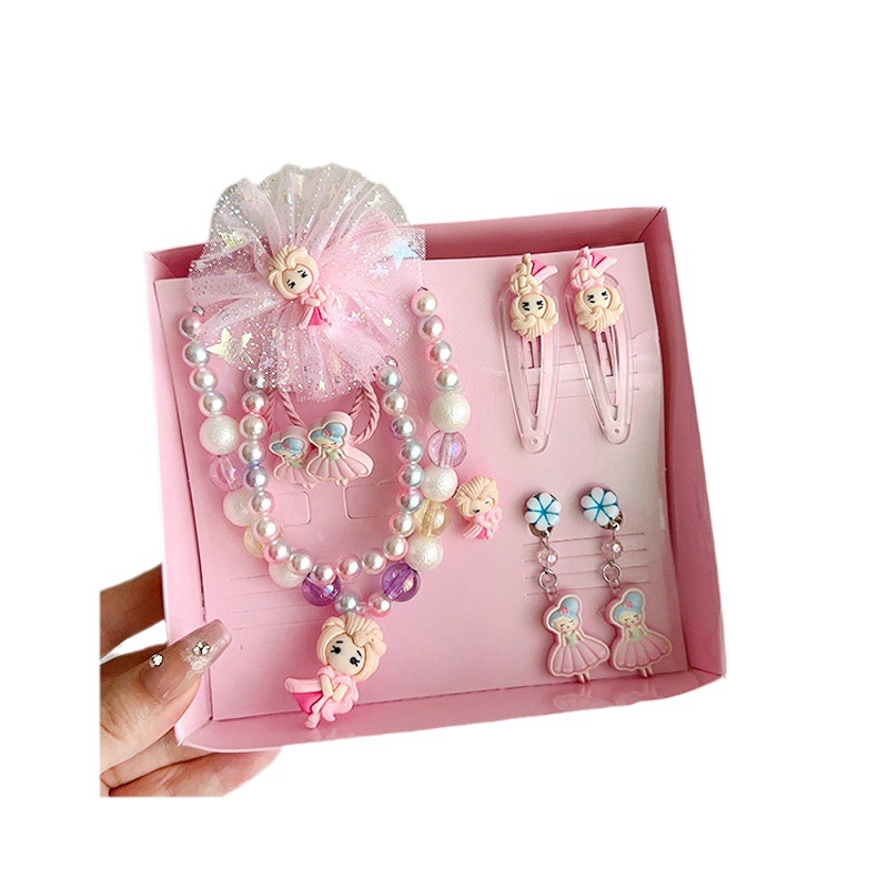 Children's jewelry gift box, princess necklace, earrings, ring, handbag, little girl hair accessory, gift set, baby rubber band Item Picture