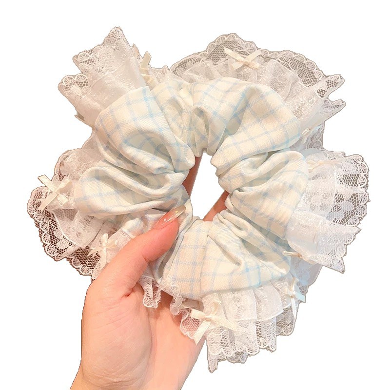 Korean-style lace blue checkered large intestine hair band, girlish and high-end hair accessory, large hair tie and headwear Item Picture