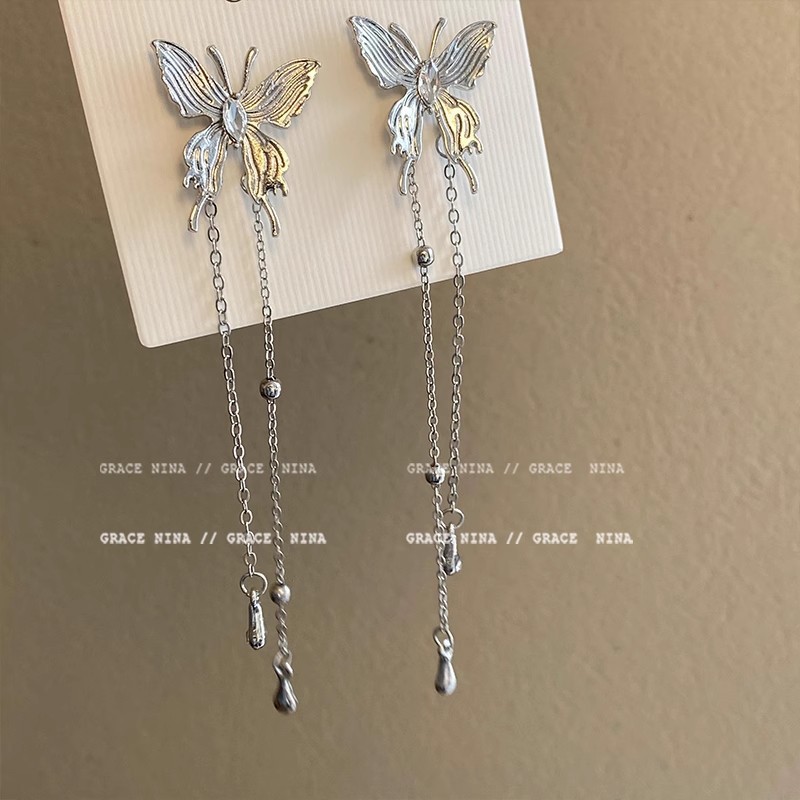 Butterfly Dream Liquid butterfly tassel Earrings, a niche design with a sense of sophistication, fairy stud earrings, and super fairy earrings for women Specification drawing