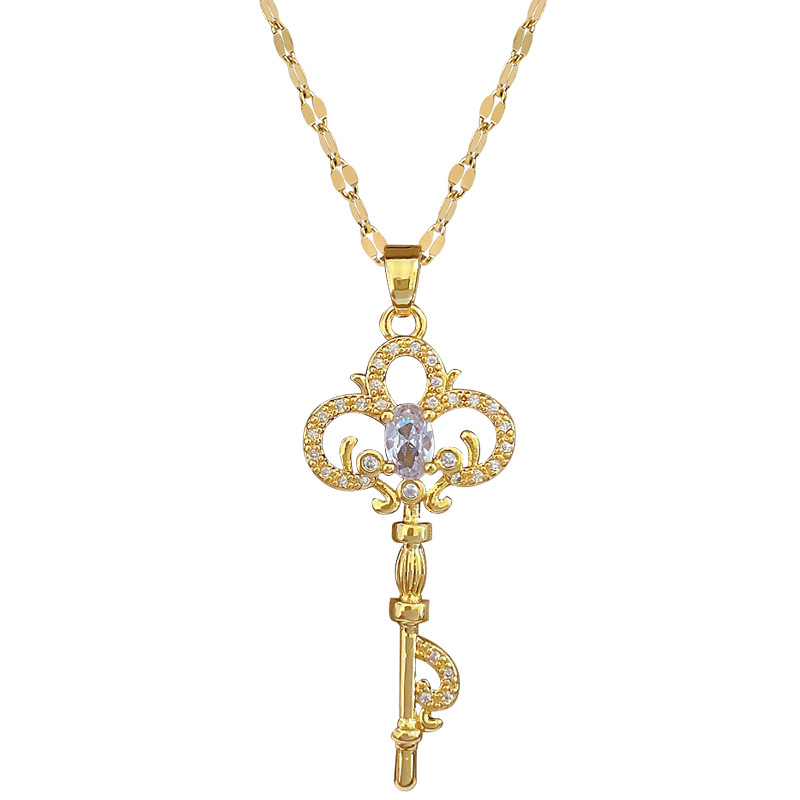 【 Titanium Steel 】 Ancient-style key, light luxury, luxurious, full diamond lucky necklace, versatile collarbone chain, titanium steel chain Item Picture