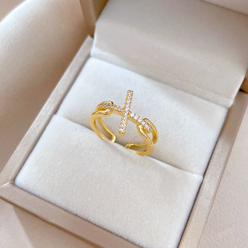 【 Real gold electroplating 】 Open cross women's fashion micro-inlaid light luxury ring index finger ring, the same style as Internet celebrities, cold style Specification drawing