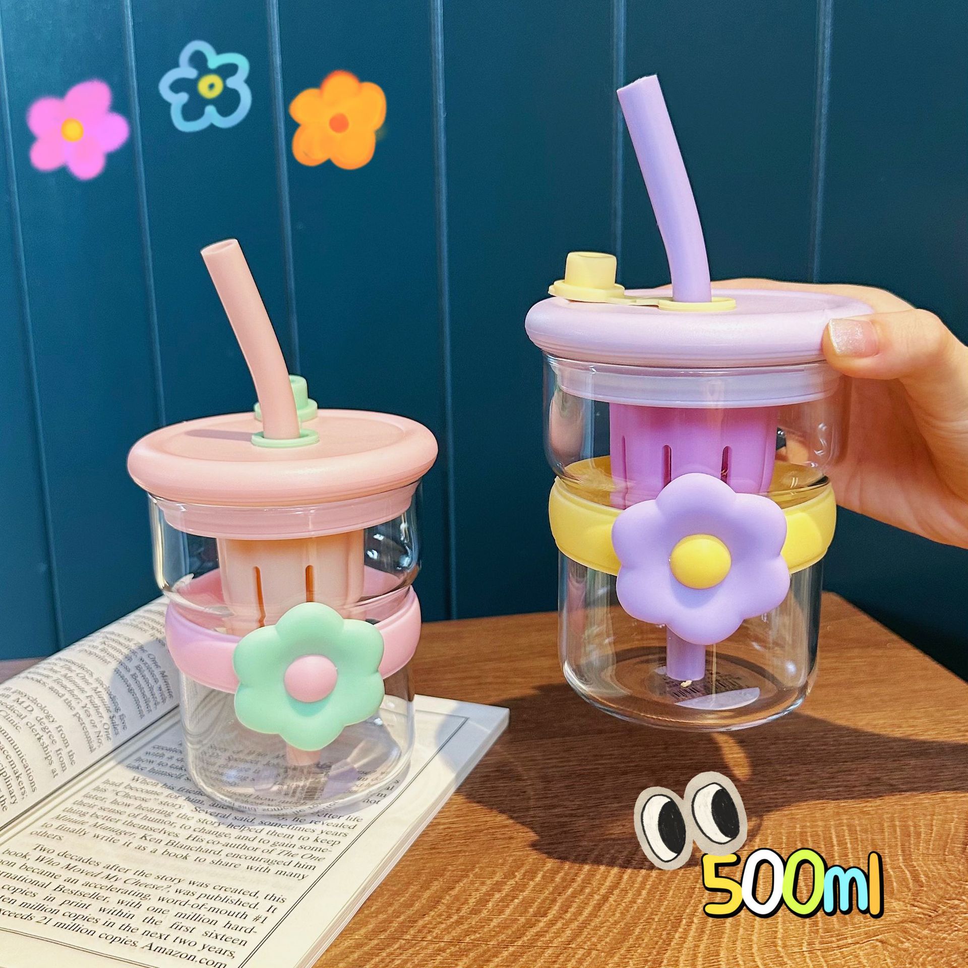 New flower-shaped tea brewing glass cup, women's tea-water separation straw cup, office desktop high-temperature resistant water cup gift Specification drawing