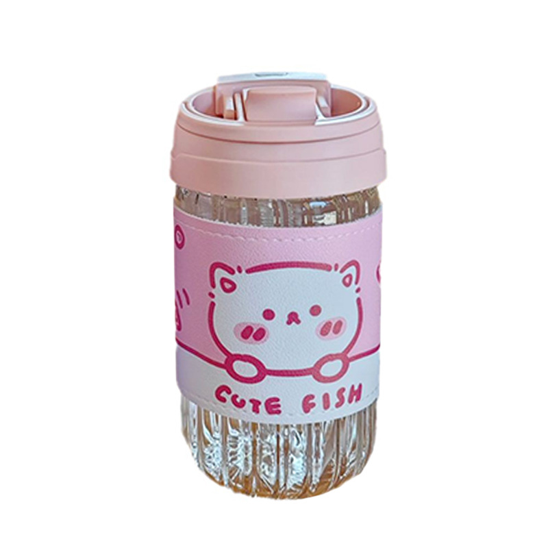Cute girl glass cup, anti-scald, high appearance level cartoon water cup with leather case, portable, hand-held, heat-resistant cup Item Picture