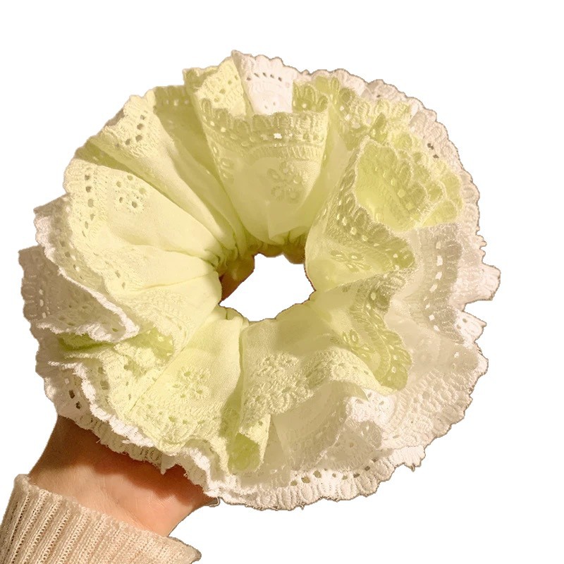 Summer green apple ~ Green lace large intestine hair tie for a woman's high-end look, bun hairstyle, Korean-style oversized hair accessory tied up Item Picture