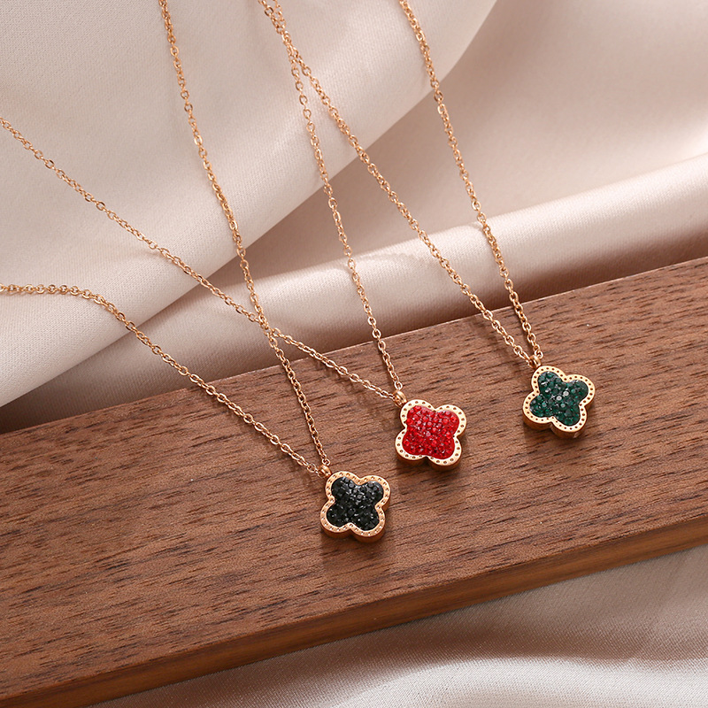 Korean version 18k rose gold full diamond double-sided four-leaf clover necklace, women's titanium steel non-fading light luxury trendy collarbone chain details Picture