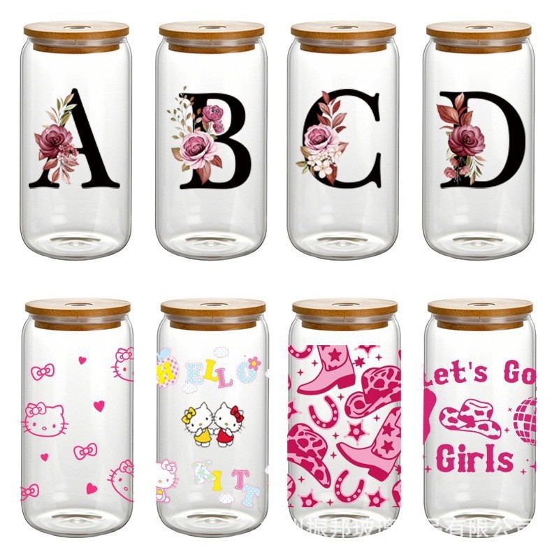Cross-border Amazon high borosilicate water cups, popular bamboo and wood LIDS, cola cups, juice straws, glass cups, printed color pictures details Picture