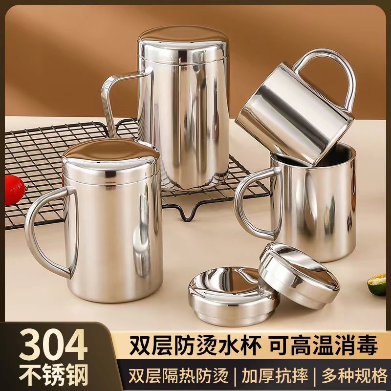 Cross-border 304 stainless steel water cups, household mugs, double-layer anti-drop children's cups, milk cups, covered coffee cups full figure