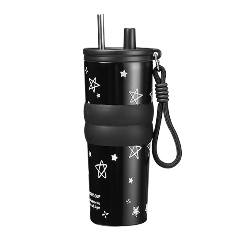 Light luxury large-capacity coffee cup, portable and simple water cup, high appearance level straw cup, women's ceramic inner liner insulated cup Item Picture