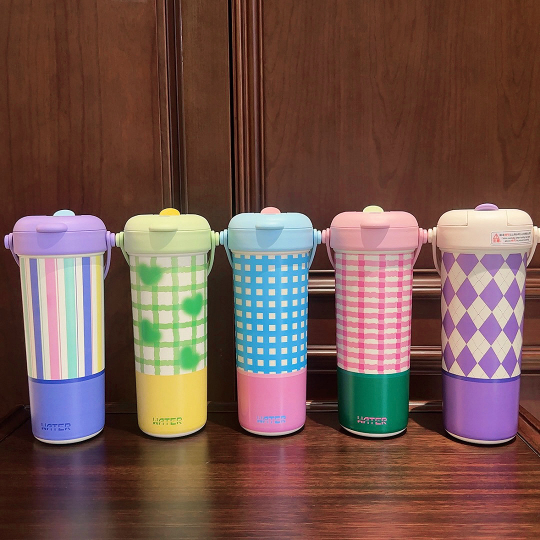 High appearance level tea brewing double drinking cup, checkered portable straw cup, teenage girl stainless steel cup gift details Picture